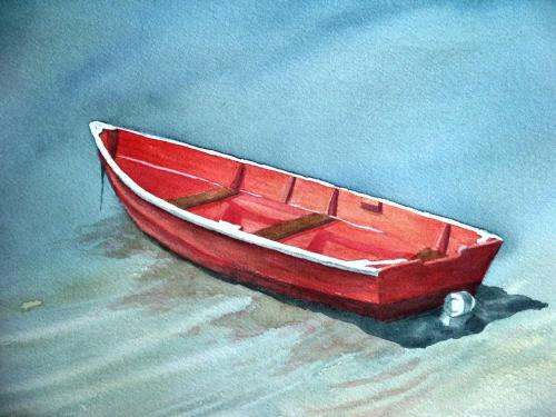 Sandra Waugh Watercolor of Red Rowboat